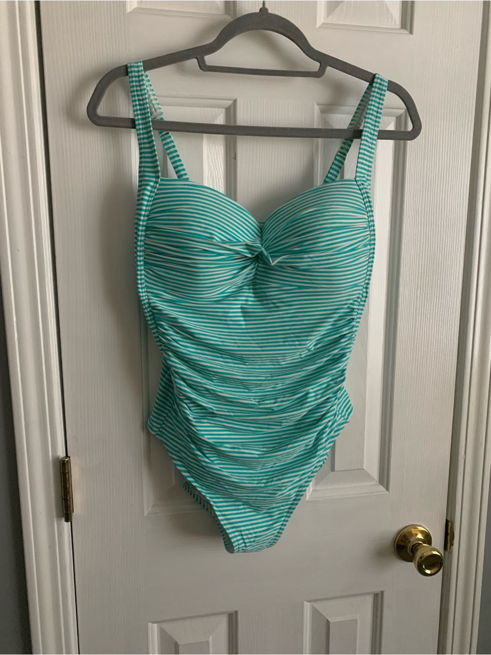 Teal and White Striped Ruched One-Piece Swimsuit